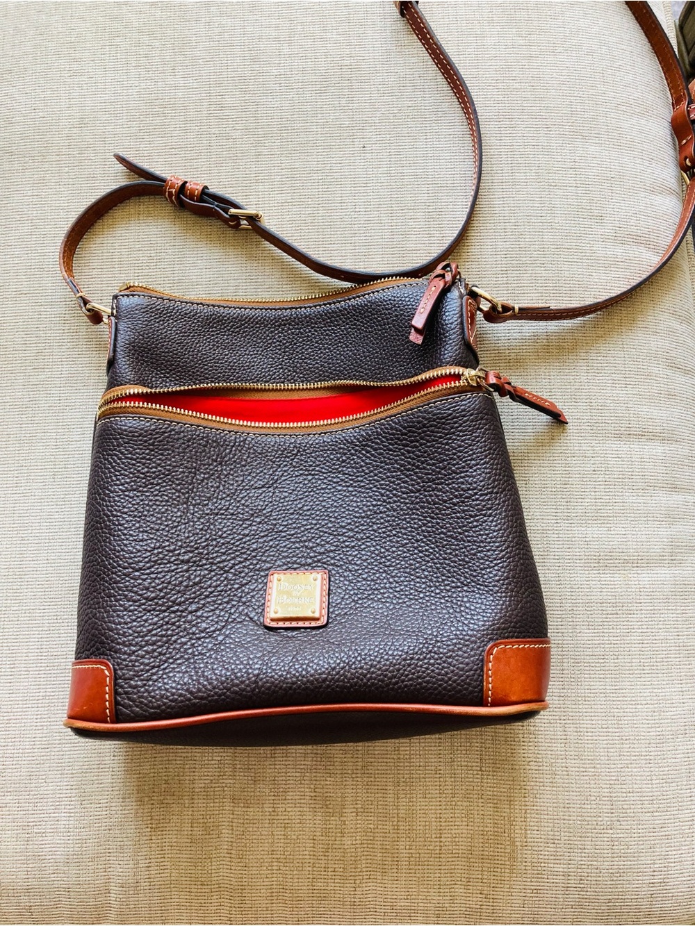 Dooney & Bourke Dark olive Pebbled Leather Crossbody with Cognac Trim